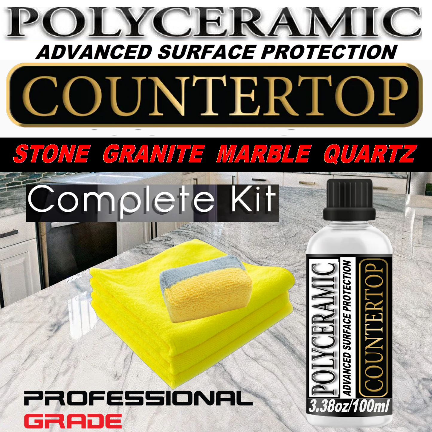 COUNTERTOP STONE SEALER SOL-GEL POLYCERAMIC COATING ETCH & STAIN PROTECTION - 3.38oz/100ml