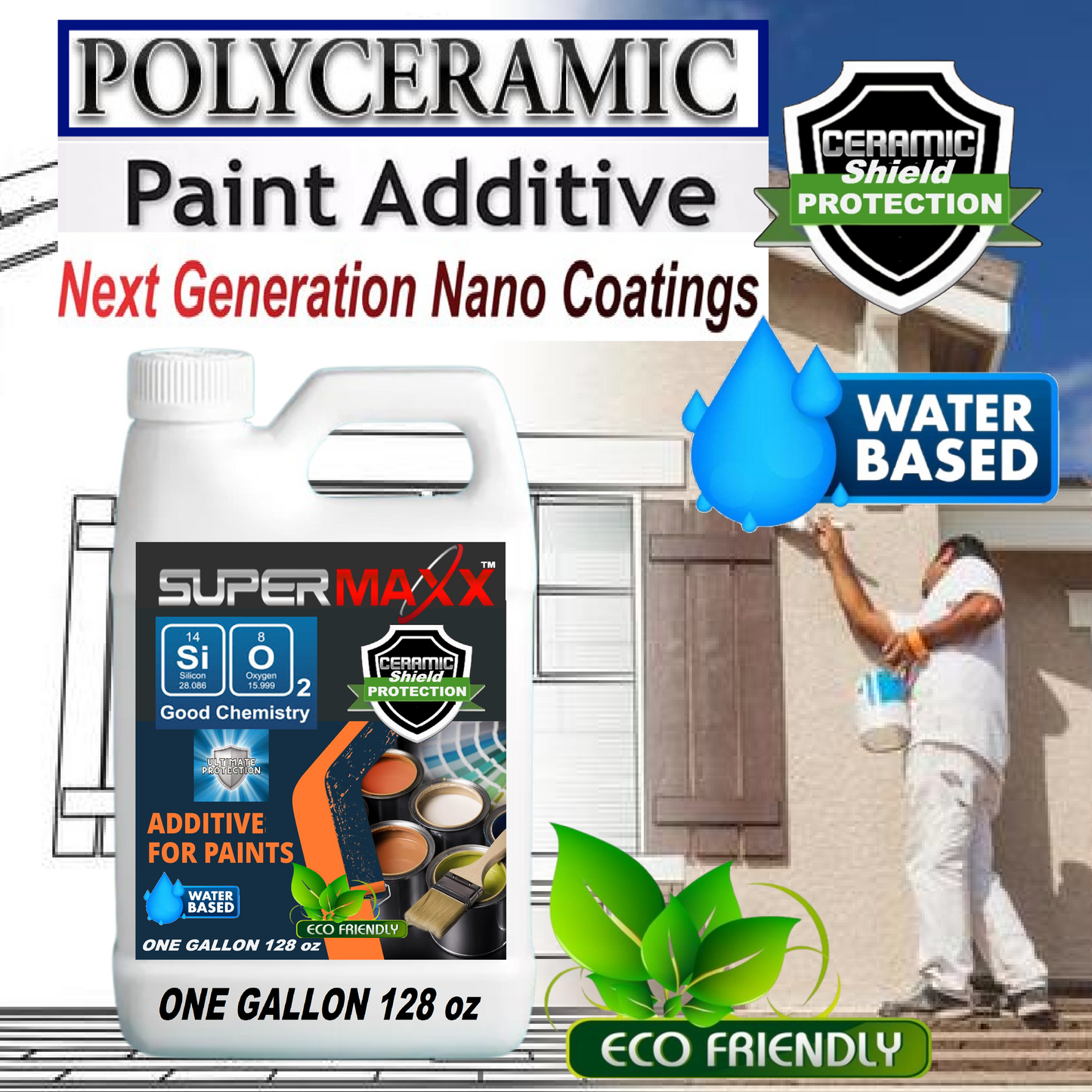 LATEX HOUSE PAINT POLYCERAMIC ADDITIVE FOR ALL WATER BASED PAINTS & COATINGS - 1Gal/128oz