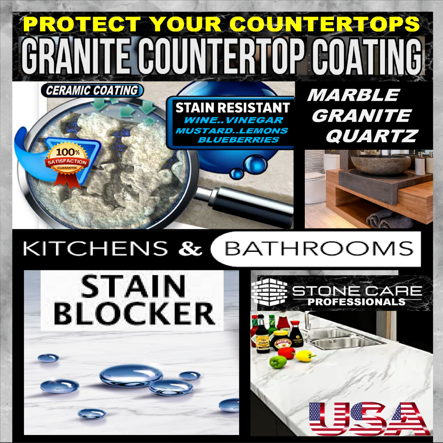 GRANITE, MARBLE, QUARTZ COUNTERTOP, STAINLESS STEEL, STONE SEALER