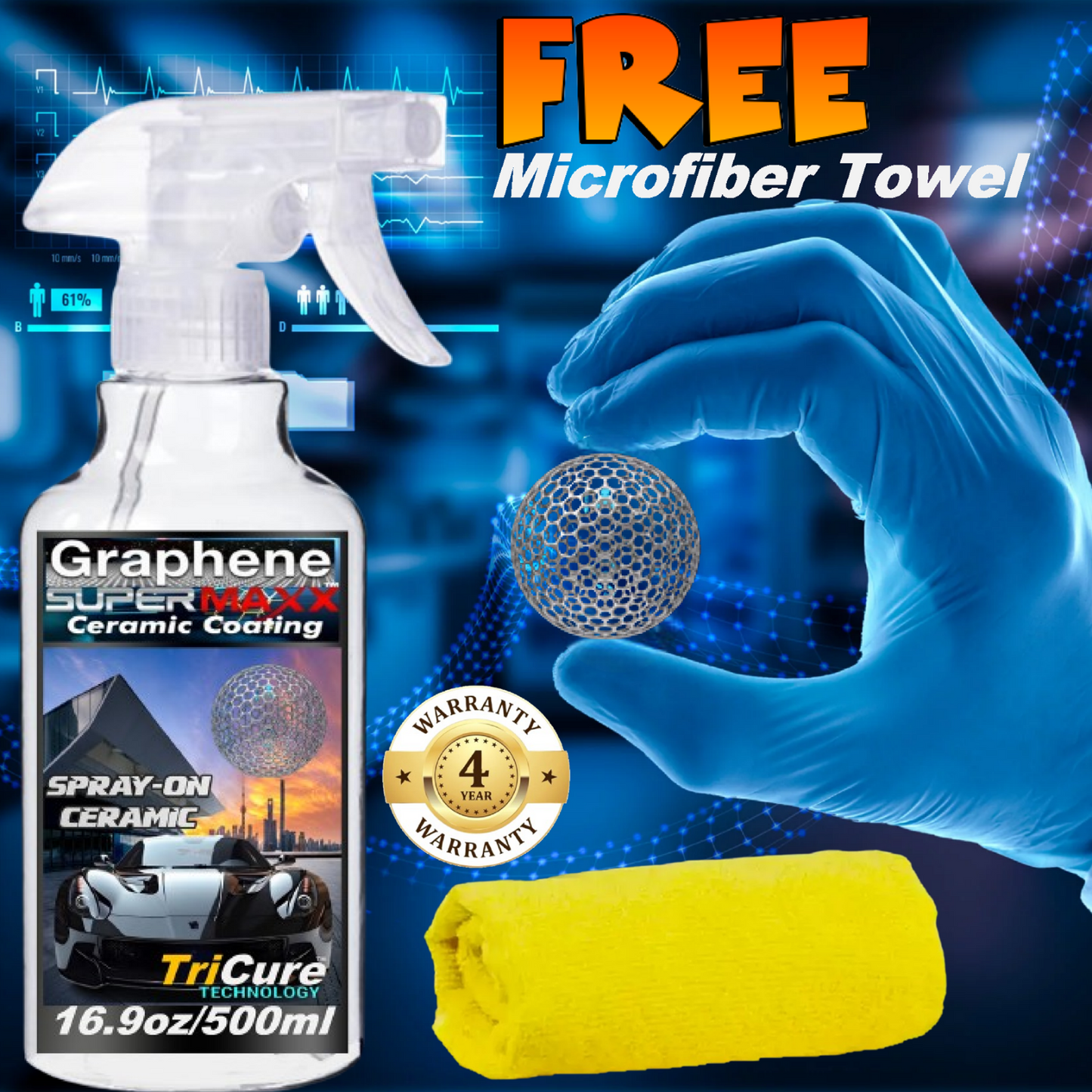 CERAMIC CAR COATING SPRAY 4 YEAR GRAPHENE PAINT PROTECTION - 16.9oz/500ml KIT