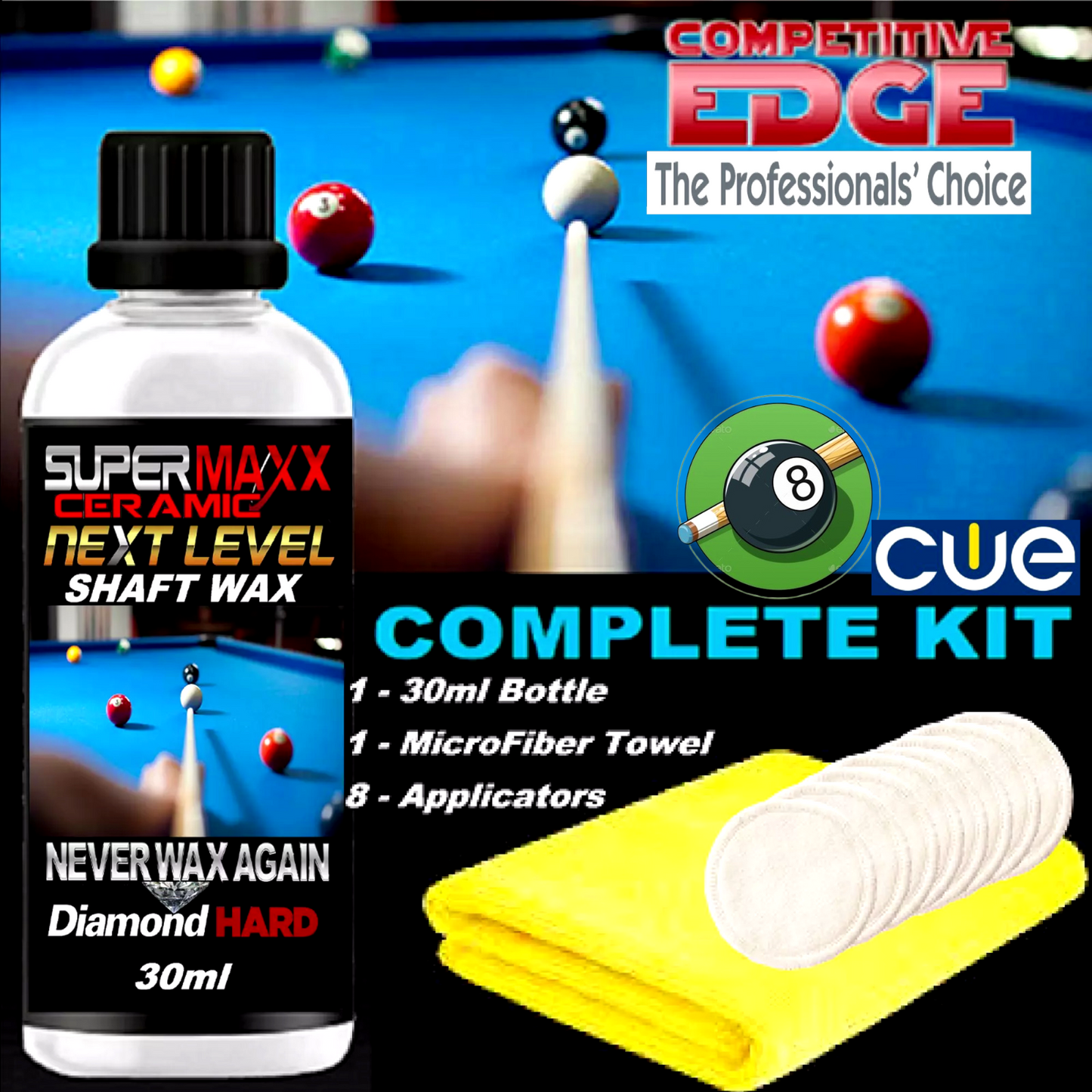 POOL CUE SHAFT WAX CERAMIC CLEAR COATING FOR BETTER SHOTS AND SMOOTHER STROKES - 1oz/30ml