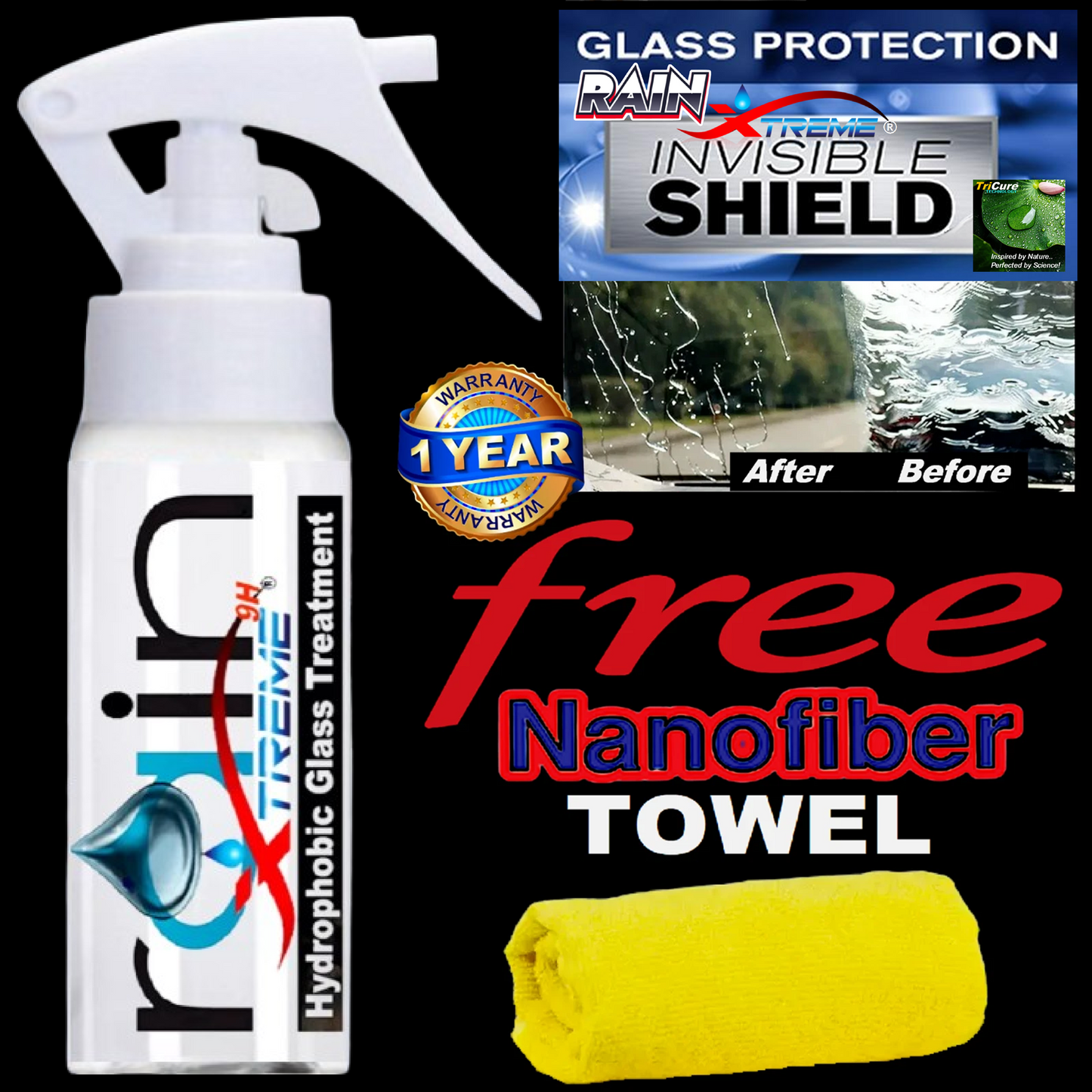 CERAMIC CAR COATING RAIN XTREME GLASS TREATMENT TRICURE TECHNOLOGY