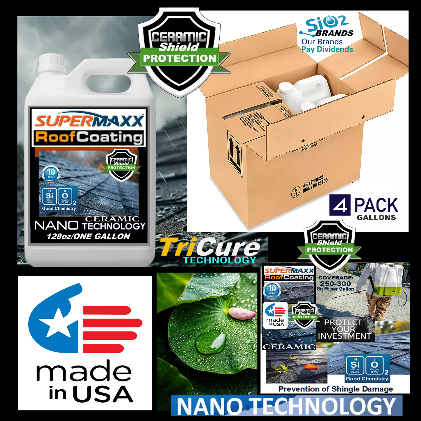 NANO ROOF COATING TRICURE TECHNOLOGY ASPHALT SHINGLES FIBERGLASS - 4 PACK