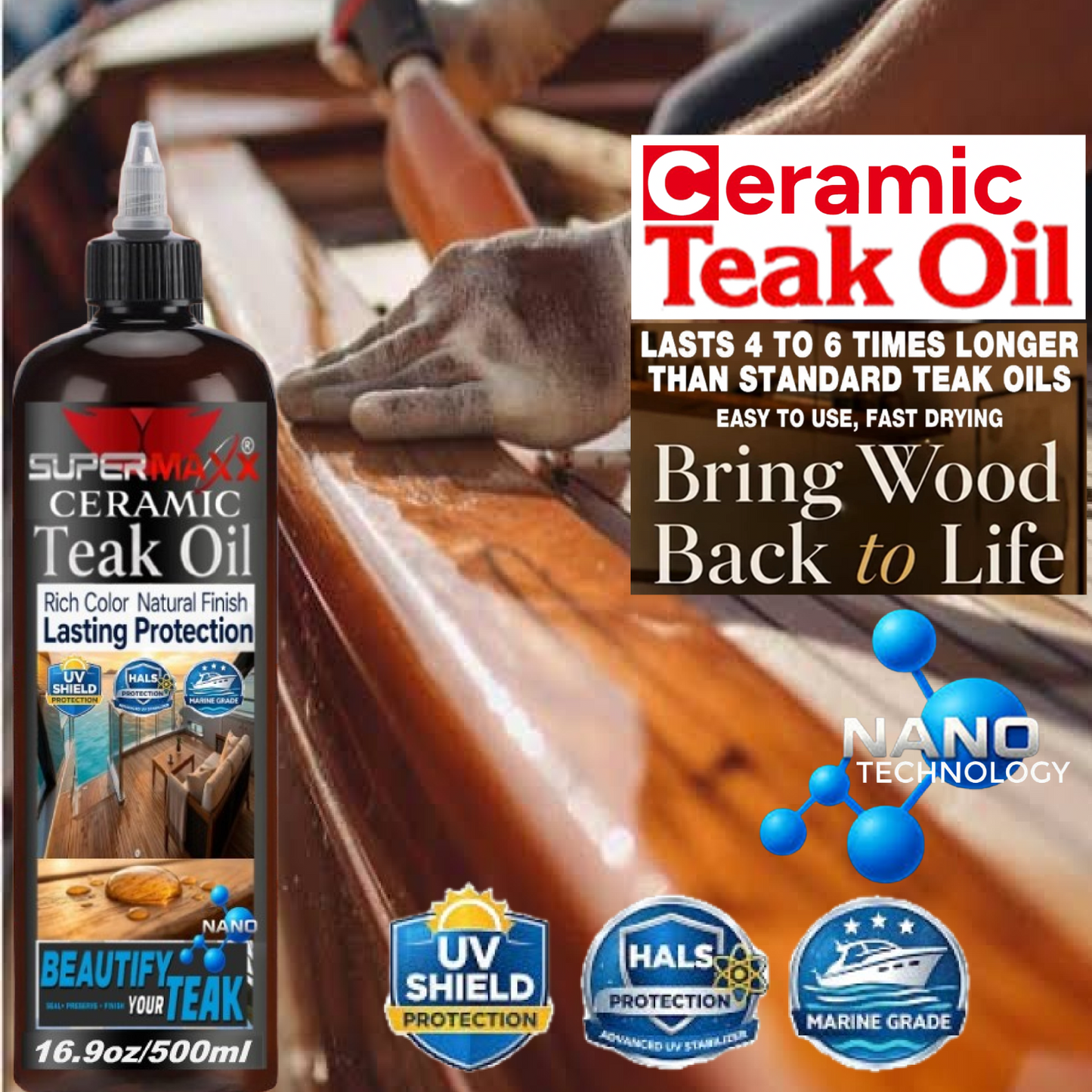 CERAMIC TEAK OIL MARINE GRADE DECKS TRIM UV SALT STAIN PROTECTION - 16.9oz/500ml