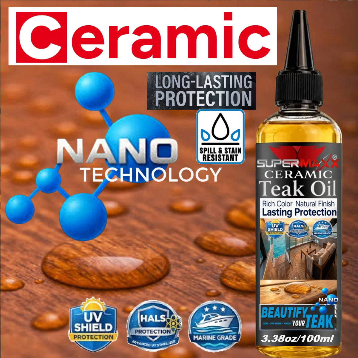 CERAMIC TEAK OIL MARINE GRADE DECKS TRIM UV SALT STAIN PROTECTION - 3.38oz/100ml