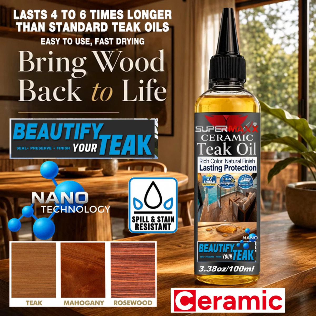 CERAMIC TEAK OIL MARINE GRADE DECKS TRIM UV SALT STAIN PROTECTION - 3.38oz/100ml