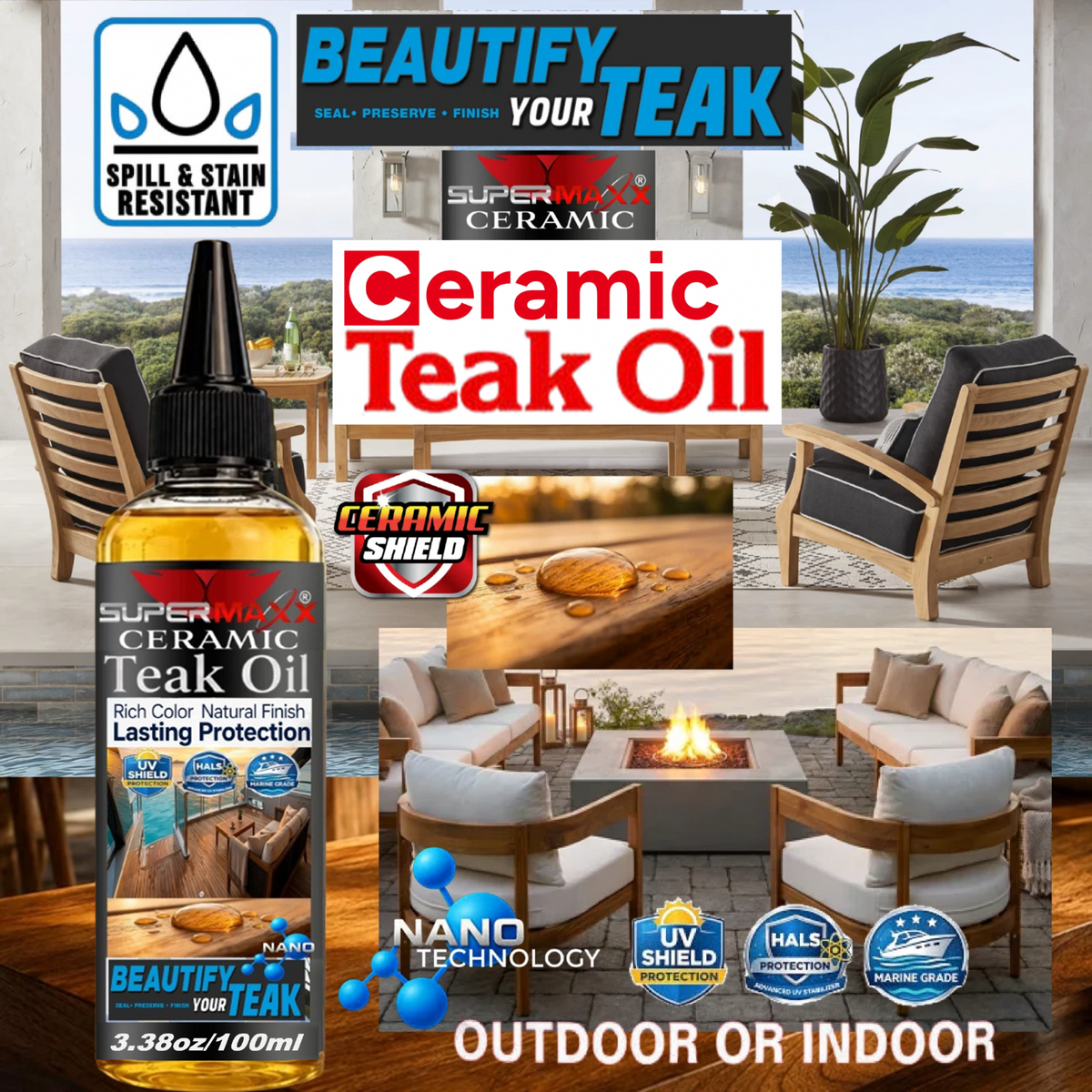 CERAMIC TEAK OIL MARINE GRADE DECKS TRIM UV SALT STAIN PROTECTION - 3.38oz/100ml