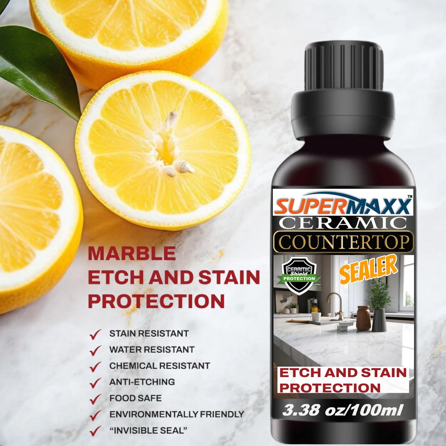MARBLE QUARTZ COUNTERTOP CERAMIC SEALER ETCH & STAIN PROTECTION - 3.38oz/100ml