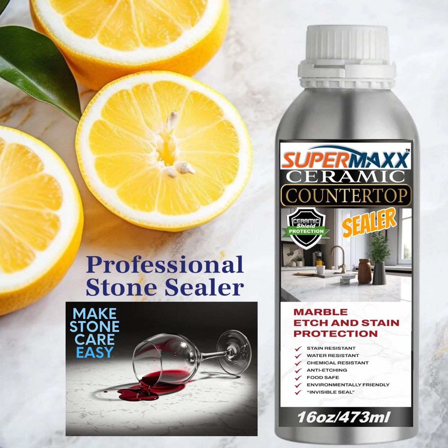 SUPERMAXX MARBLE QUARTZ SEALER ADVANCED COUNTERTOP STAIN & ETCH PROTECTION - 16 OZ/473ML