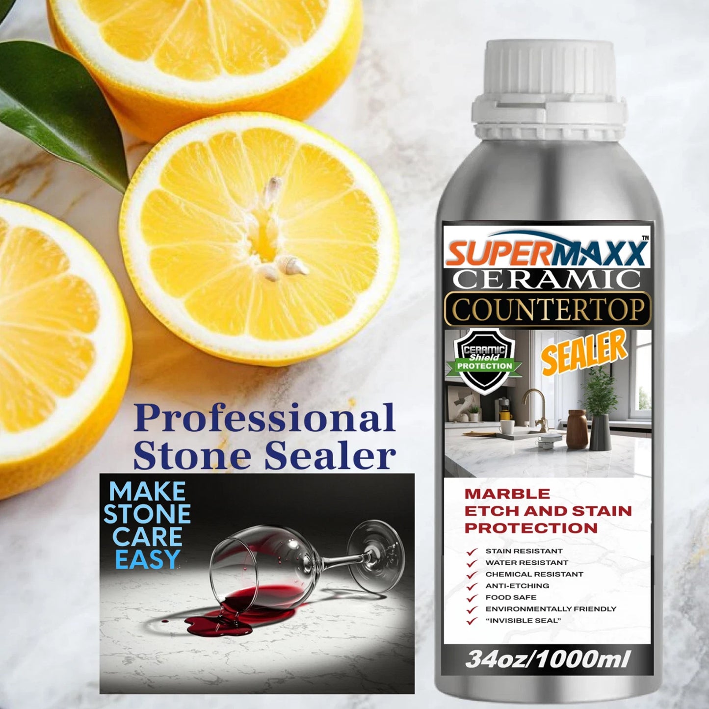 MARBLE COUNTERTOP CERAMIC CLEAR SEALER ADVANCED STAIN & ETCH PROTECTION - 34 OZ/1000ML