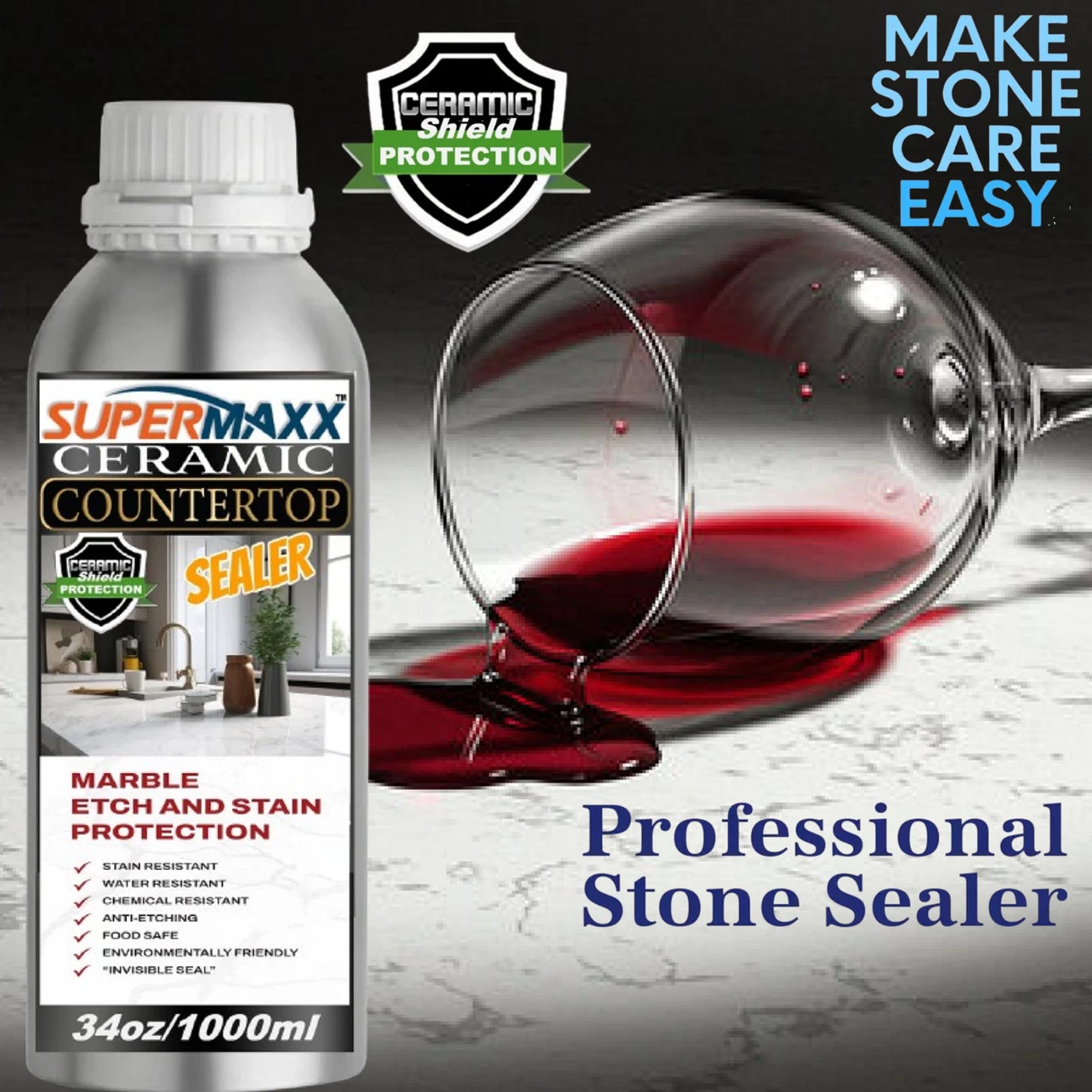 MARBLE COUNTERTOP CERAMIC CLEAR SEALER ADVANCED STAIN & ETCH PROTECTION - 34 OZ/1000ML
