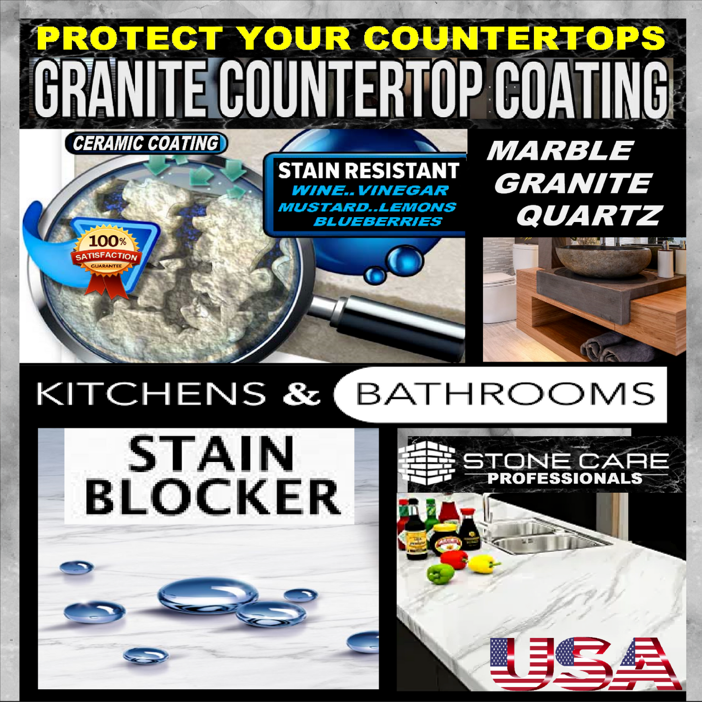 STONE SEALER, GRANITE, MARBLE, QUARTZ COUNTERTOP, STAINLESS STEEL